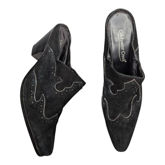 Vintage Shoes - Vtg Y2K Coldwater Creek Black Suede Snip Toe Cuban Heel Cowgirl Western Mules 8